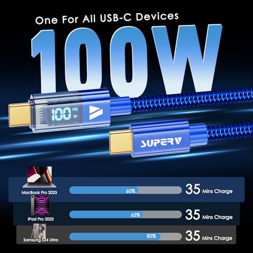 SUPERV 6.6 ft Type C Fast Charging Cable – Premium Nylon Braided USB C Charger with 100 W Power Delivery, High-Speed 480 Mbps Data Transfer, and LED Charging Status Indicator – Ideal for Laptops, Smartphones, and Tablets