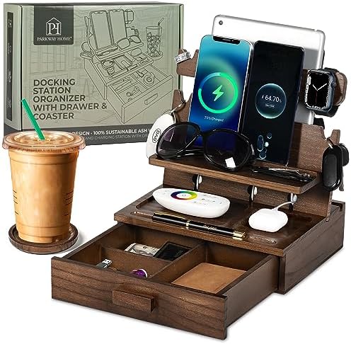 Wood Phone Docking Station for up to 3 Phones – Nightstand Organizer for Men & Women Holds Phones, Tablets, Keys, Rings, Glasses, Watches, EDC & More – with Special Drawer for Valuables – Enhanced Compatibility and Speed