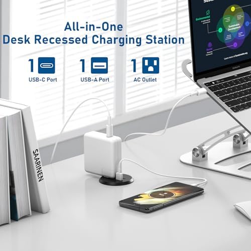 Revolutionize Your Workspace with the 2-Inch Desk Power Grommet Featuring PD 20 W USB-C Fast Charging, Ultra-Flat Plug Design, and Recessed Outlet for Seamless Cable Management – Perfect for Home or Office Use with 6 ft Power Cable (White)