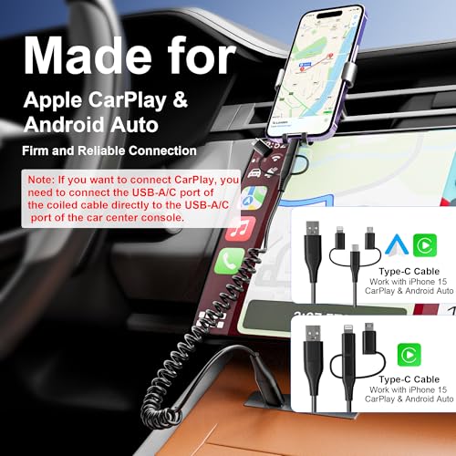 Versatile Coiled USB to USB-C & Lightning Cable Combo for i Phone and Android – MFi Certified Fast Charge & Data Sync up to 3 A – Tangle-Free Design for Apple Car Play & Android Auto Compatibility – Durable, High-Quality Charging Solution for Seamless Connectivity on the Go