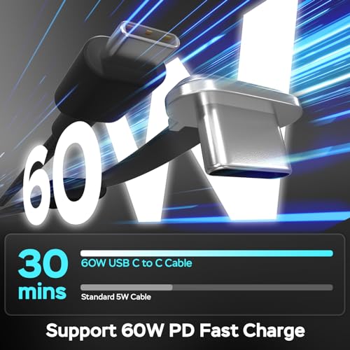10 ft USB C to USB C Charging Cable – 60 W Fast Charge with Right-Angle Connector for Enhanced Durability and Comfort – Compatible with Steam Deck, ROG Ally, i Phone 16/15 Pro Max, Samsung S23/S22/S21, Mac Book – Tangle-Free Flat Design for Effortless Storage and Use