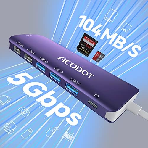 Acodot 9-in-1 USB C Hub: Ultimate 4 K HDMI Adapter with 3 USB 3.0 Ports, SD/TF Reader & 100 W Power Delivery – Stylish Purple Multiport Hub for Mac Book, HP, XPS & More – Boost Your Productivity with Seamless Connectivity and Fast Charging