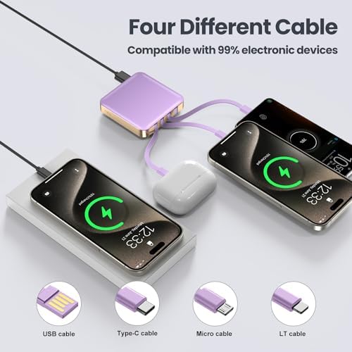Ultra-Compact 12000 m Ah Fast Charging Power Bank with Built-in Cables – All-in-One Portable Charger for i Phone, Tablets & Samsung Devices, Featuring USB C Input/Output and LED Battery Display for Maximum Efficiency and On-the-Go Convenience