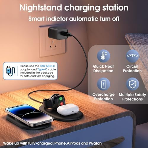 Ultimate 3-in-1 Foldable Wireless Charging Station for Apple Devices – Fast Charger for i Phone 16, 15, 14, 13 Pro Max, Apple Watch, and Air Pods – Portable Power Hub with Overheat Protection and Elegant Black Design – Simplify Your Charging Experience and Stay Connected Anywhere