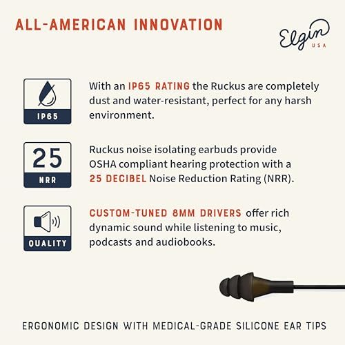 Elgin Ruckus+ OSHA Compliant Earplug Earbuds – 25 d B Noise Reduction Wired Headphones with Built-in Mic for Clear Communication – Sweatproof Design for Construction & Industrial Use – Enhanced Device Compatibility for Seamless Connectivity and Comfort