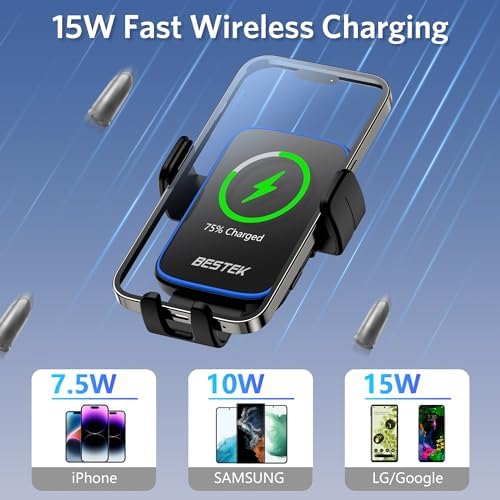 BESTEK 15 W Fast Wireless Car Charger with Auto-Clamping Phone Holder – Premium QC3.0 Air Vent Mount for i Phone 15/14/13/12/X/8, Samsung, LG, and Google Devices – Effortless Charging and Secure Fit for Every Drive