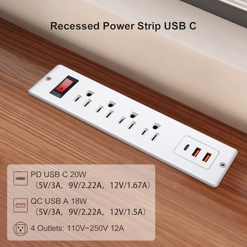 Recessed 20 W PD USB C Power Strip – Ultra-Fast Charging Station with 4 Outlets & 3 USB Ports for Desks & Countertops – ETL Listed Mountable Flat Plug Power Socket for Efficient Workspace Organization and Enhanced Device Compatibility