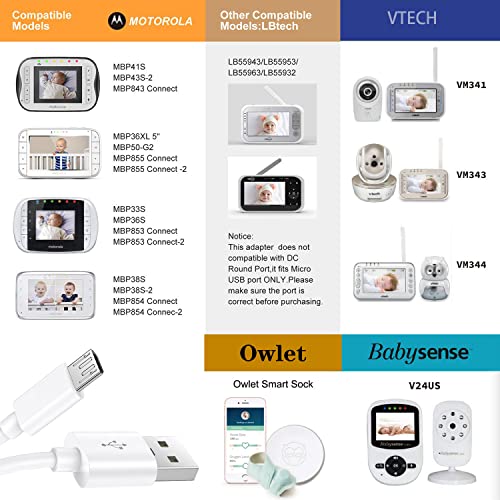 Reliable 5 V AC Replacement Charger Cable for Motorola Baby Monitors – Compatible with eufy, VAVA, and VTech Models VM341, VM343, VM344 – 5 FT USB Micro Power Cord for Enhanced Flexibility and Performance – Durable, High-Quality Baby Monitor Accessory for Continuous Monitoring and Peace of Mind