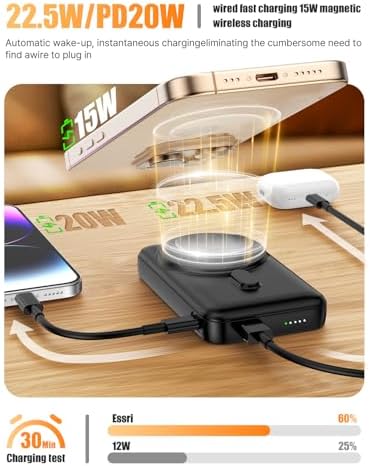 Essri 10,000 m Ah Wireless Magnetic Power Bank – High-Speed PD 22.5 W Portable Charger with Built-In Cable and Stand for i Phone 12-16 Series – Effortless Connectivity and Enhanced Convenience on the Go