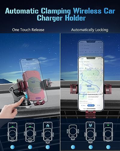 Smart Wireless Car Charger & Auto-Clamping Phone Holder – Fast Charging 3-in-1 Mount for i Phone 11-16 & Samsung Galaxy S23-S9+ – Enhanced Compatibility, Hands-Free Navigation, and Adjustable Viewing Angles for Optimal Convenience