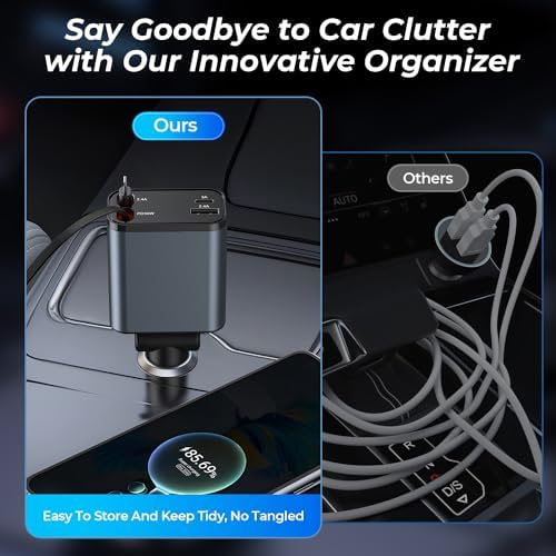 Dual-Port Retractable 4-in-1 Car Charger Set – Fast Charge i Phone and USB-C Devices with 2.6 ft Cords – Essential Gray Adapter for Men and Women – Perfect Travel Companion and Gift for Efficient Charging on the Go