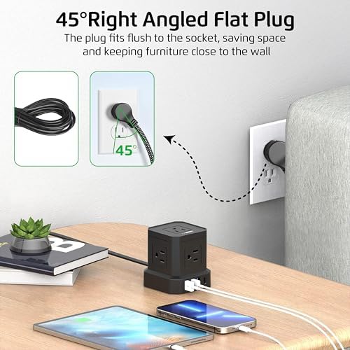 Uncaged Ergonomics Cube Power Strip with 10 ft Extension Cord – Surge Protected Charging Station Featuring 5 AC Outlets, 3 USB Charging Ports (1 USB-C Fast Charger) and On/Off Switch for Ultimate Convenience and Safety