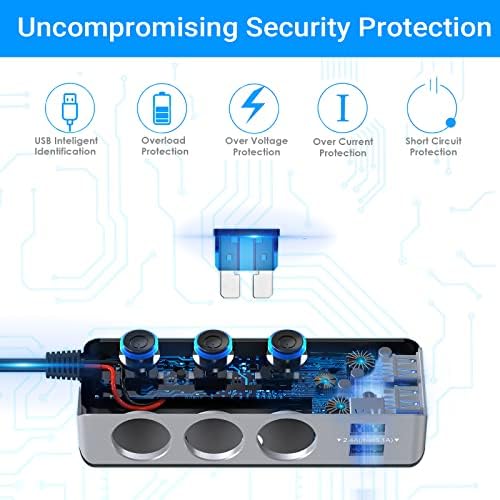Revolutionize Your Road Trips with the Qidoe Quick Charge 3.0 Cigarette Lighter Splitter – 3-Socket Power Hub with 4 High-Speed USB Ports and LED Battery Voltage Display, Designed for 12 V/24 V Vehicles with Energy-Saving Controls for Ultimate Device Efficiency and Compatibility