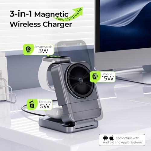 Premium 3-in-1 Foldable Wireless Charging Station – 2025 Model with 15 W Fast Charge for i Phone 16, Samsung S25, and All Apple Watch Series – Portable Magnetic Charger Stand with Enhanced Safety and Stability – Sleek Grey Design for Nightstand and Travel Use