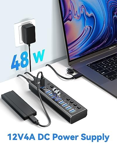 LEINSIS Ultra-Fast 10-Port USB Hub 3.2 – Premium Aluminum Design with 2 USB-C & 7 USB 3.0 Ports for Lightning-Speed Data Transfer – Individual On/Off Switches & 12 V Adapter for Ultimate Device Control and Compatibility