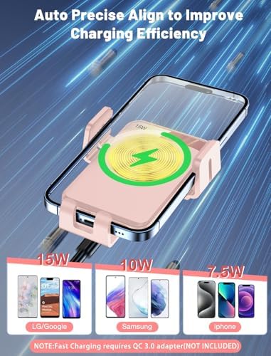 MOKPR Wireless Car Charger – Smart Auto-Clamping Air Vent Mount for Fast Charging (15 W/10 W/7.5 W) – Compatible with i Phone 15/14/13/12/11 and Samsung Galaxy – Stylish Pink Design for Modern Vehicles – Effortless Device Stability and Charging On-the-Go