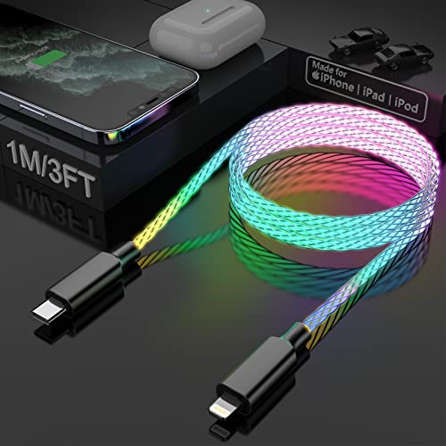 Illuminate Your Charging Routine with the 27 W LED Light-Up Type-C to i Phone Fast Charger Cable – Mesmerizing RGB Glow, 3 FT Durability, and Universal Compatibility for i Phone 14/13/12/Pro/11/8/7/6 – Ultimate Tech Accessory for Rapid Power Delivery and Stylish Functionality