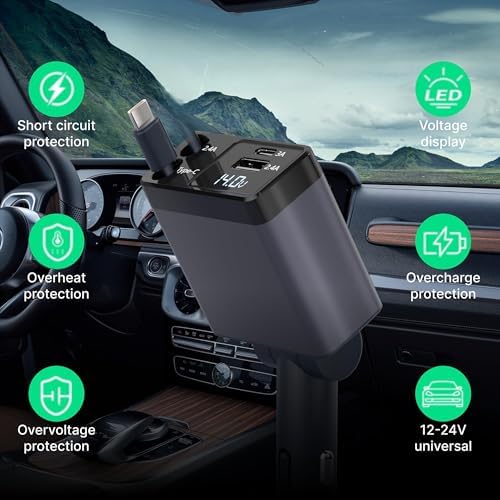 High-Performance 120 W Retractable Car Charger Adapter – Fast Charging Solution with 2.6 ft Cables, 180° Adjustable Design, and Real-Time Voltage Display for Ultimate Device Compatibility and Convenience