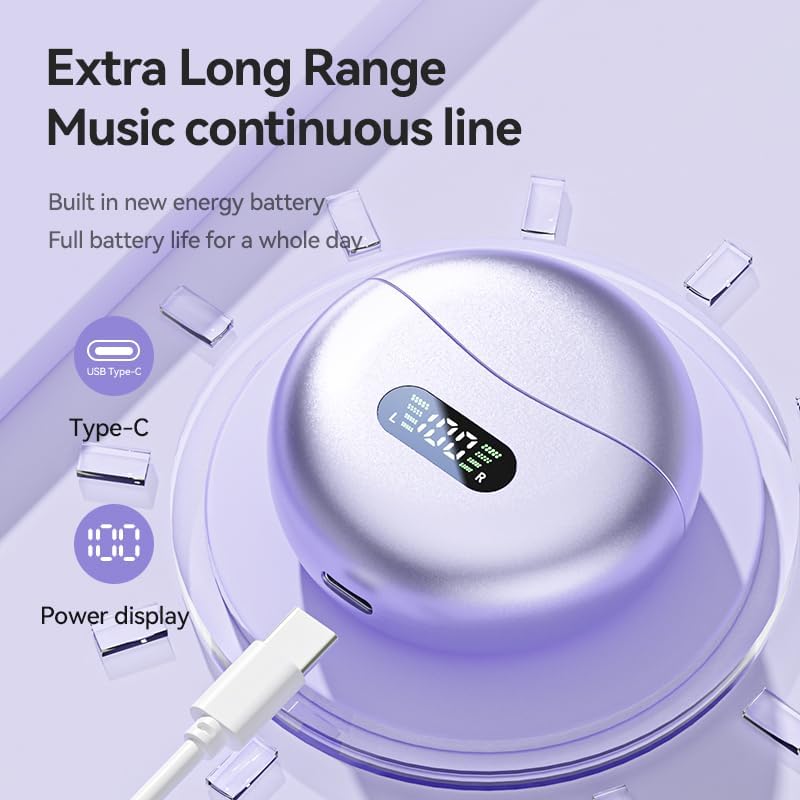 Open Ear Bluetooth 5.4 Clip-On Earbuds – Ultra-Lightweight & Waterproof Headphones with 60-Hour Battery Life for Active Lifestyles – Stylish Purple Design for Glasses Wearers & All-Day Comfort