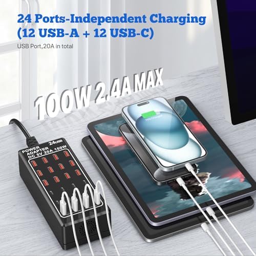 Ultimate 24-Port USB Charging Station Block: 100 W Smart Fast Charger for Multi-Device Powering – Versatile USB A & C Compatibility for i Phone, i Pad, Samsung, and Laptops – Efficient Desktop Solution for Shared Spaces and Home Use