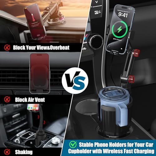 Wireless Car Charger Phone Mount Cup Holder, 3 in 1 15W Fast Charging Auto Clamping Cup Holder Expander for Car, Phone Holders for Your Car CupHolder Wireless Charger Compatible for All Smartphones – Enhanced Compatibility and Speed