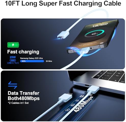High-Speed 25 W Type C Wall Charger for Samsung Galaxy S25 Series – Includes Dual 10 FT USB-C Cables for Enhanced Flexibility and Safety – Lightning-Fast Charging with Compact Design for Travel Enthusiasts and Everyday Users