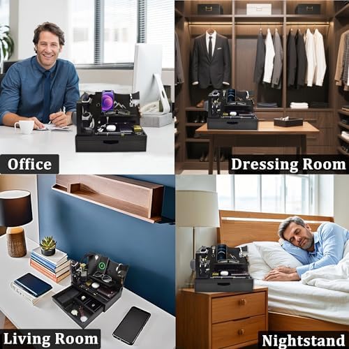 Nightstand Organizer for Men with Large Drawer, Birthday Gifts for Men, Phone Docking Station, Bedside Organizer for Nightstand for Apple Watch, Laptop (Brown, Solid Wood) – Enhanced Compatibility and Speed
