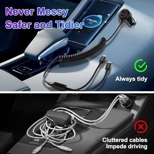 BUNUD 66 W USB C Car Charger with Retractable Cable: Dual Port PD & QC3.0 Adapter for Rapid Charging – Ideal for i Phone 16/15, Galaxy S24/S23, and All USB-C Devices – Perfect for Road Trips and Daily Commuting – Compact Design for Easy Storage and Enhanced Compatibility