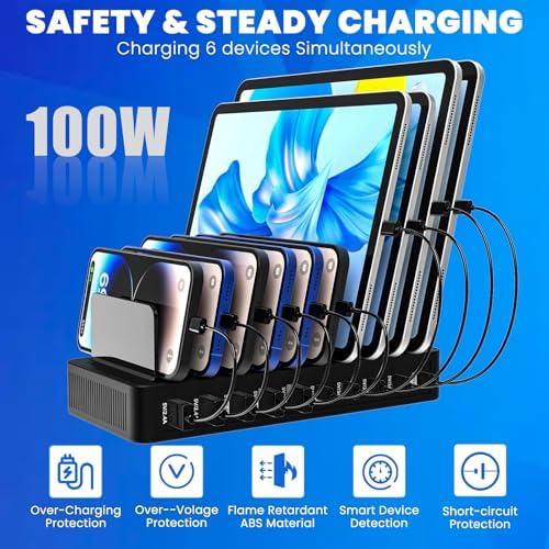 Multi-Device Charging Station with 10 Ports and Smart IC Technology – 100 W Power Dock with Adjustable Dividers and 10 Cables for Efficient Charging of i Phone, Galaxy, i Pad, Tablets – Space-Saving Flat Plug Design for Home and Office Use