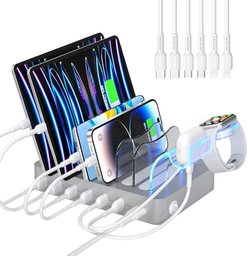 Soo Pii Premium 6-Port USB Charging Station Organizer with i-Watch Holder – Multi-Device Fast Charging Hub with 6 Short Cables for Phones and Tablets – Sleek Design for Home and Office Efficiency – Enhance Your Charging Experience