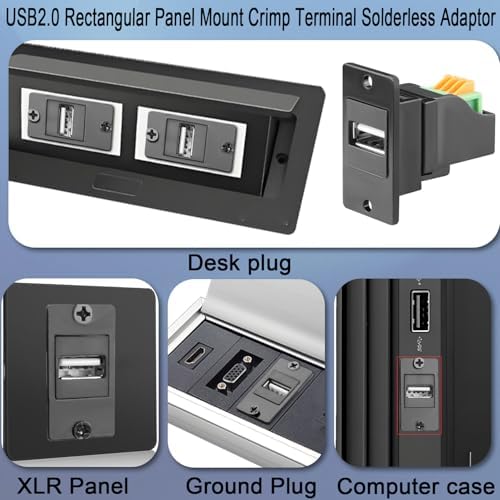 QIANRENON USB2.0 Rectangular Panel Mount Crimp Terminal Solderless Adaptor USB2.0 Female to 4Pin Quick Connect Terminal Fixed Mount Socket, for 480Mbps Data Transfer 5V2A Charging – Enhanced Compatibility and Speed
