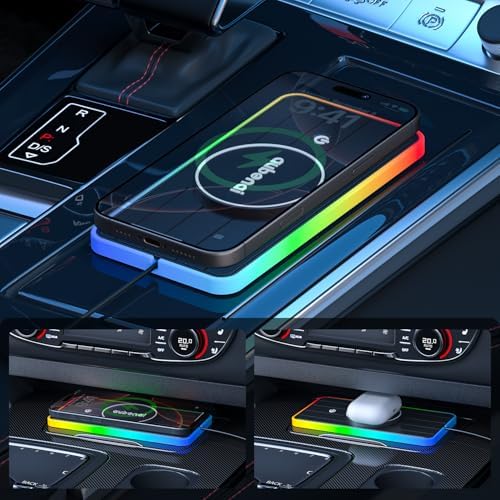 Aubenai 15 W Magnetic Wireless Car Charger Pad with RGB Lighting – Fast, Non-Slip Charging Mat Compatible with Mag Safe i Phone 16/15/14/13/12, Includes 70 cm USB-A Extension Cable for Enhanced Compatibility and Installation Flexibility