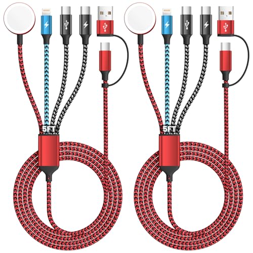 Ultimate 4-in-2 Multi-Device Travel Charging Cable – Dual USB-C & Lightning Connectors for Apple Watch and i Phone – 5 FT Length for Maximum Flexibility – Essential On-the-Go Power Solution – 2 Pack for Seamless Charging Anywhere – Experience Efficient Connectivity and Convenience