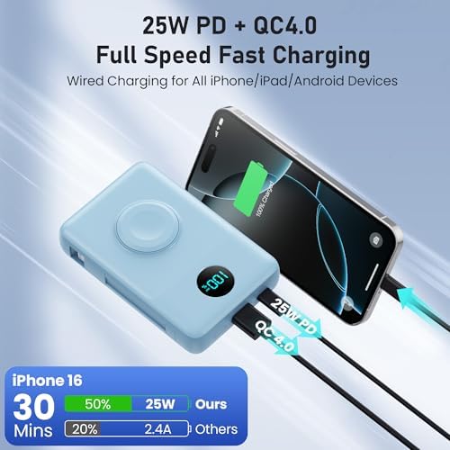 Revolutionary Magnetic Portable Charger for i Phone – 6-in-1 Power Bank with 10,800 m Ah Capacity, Built-in Cables, Apple Watch Charger, and LCD Display – 25 W PD Fast Charging for i Phone 16/15/14/13/12 and Mag Safe Compatibility – Ultimate On-the-Go Charging Solution