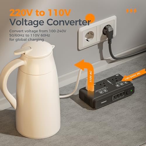 TESSAN 220 V to 110 V Universal Voltage Converter – All-in-One Global Travel Adapter with 4 USB Ports Including Rapid USB-C and 3 AC Outputs for Worldwide Device Compatibility – Compact and Durable Power Transformer for Effortless International Charging