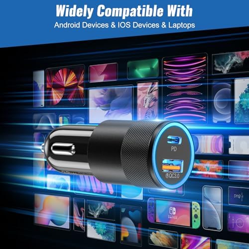 Dual-Port Fast Charge Car Charger Bundle – 38 W USB-C Power Adapter with 6 FT Type-C Cable for i Phone 15/16 Pro & i Pad – Boxeroo Multi-Device Auto Charger with QC 3.0 & PD Compatibility for Ultimate On-the-Go Power Efficiency – Sleek, Durable Design for Enhanced Vehicle Connectivity