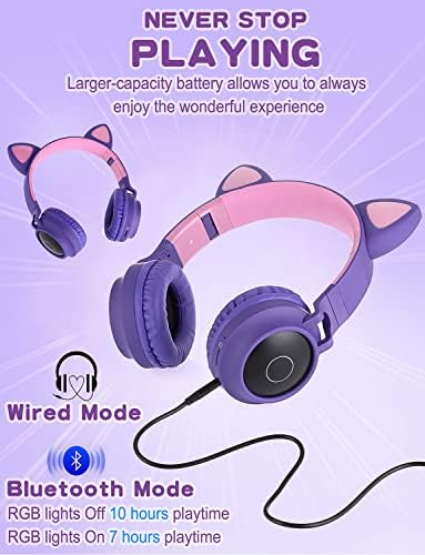Vibrant Cat Ear Wireless Bluetooth Headphones for Kids and Teens – Fun LED Light-Up Design, Foldable Portability for Travel and Gaming – Superior Comfort for Long Listening Sessions on i Pads and Smartphones (Purple)