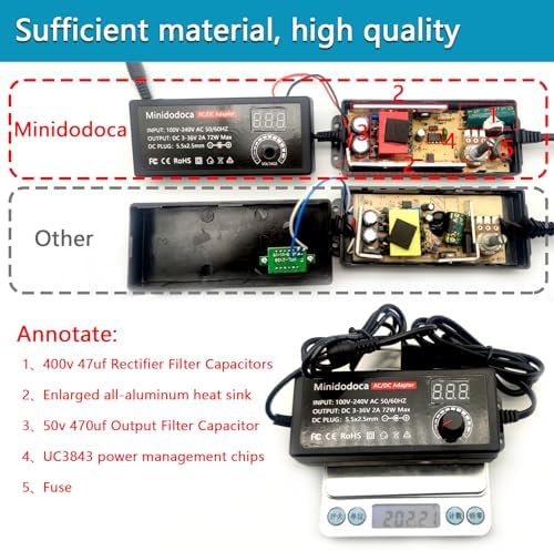Universal 72 W Adjustable AC/DC Power Supply with LED Voltage Display – Minidodoca 3 V-24 V Adapter for Efficient Household Electronics Charging – 3000 m A Output with 16 Interchangeable Tips for Maximum Compatibility and Convenience