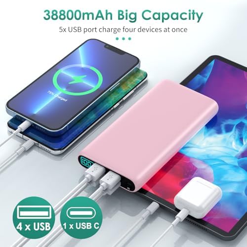 High-Capacity 38800 m Ah Portable Power Bank with LCD Display – Multi-Device Charger Featuring 5 USB Outputs and USB-C Connectivity for Fast Charging – Ideal for i Phone 16/15/14/13 Pro, Samsung Galaxy, Pixel, and Nexus – Ultimate On-the-Go Charging Solution in Blue
