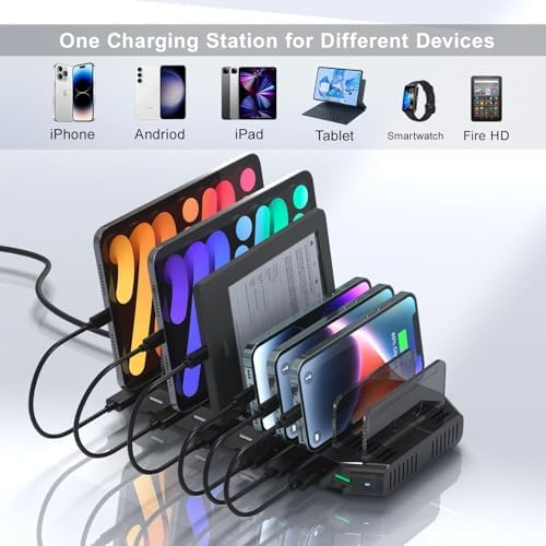 Ultimate 10-Port USB Charging Station with QC3.0 – 60 W Multi Charger Hub for Tablets & Smartphones, Customizable Dividers for Organized Power Management, Fast Charging Technology for Home & Office Use