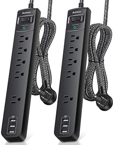 Dual Pack Surge Protector Power Strip with 5 Spacious Outlets and 3 Fast USB Ports – 1875 W/15 A Capacity for Home Office Efficiency, 6 Ft Durable Braided Cord, Smart Overload Protection, Wall Mountable Flat Plug Design for Optimal Space Utilization and Device Safety