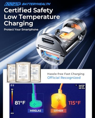 MRGLAS 90 W USB C Car Charger – Rapid PD45 W & QC3.0 Dual Port Adapter for i Phone 16 Pro Max & Samsung S25 – Stylish Purple Fast Charging Solution for On-the-Go Power Needs – Compact & Reliable Cigarette Lighter Charger for Busy Lifestyles