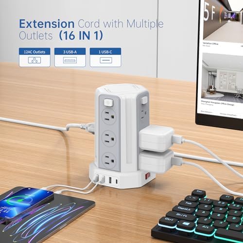 SMALLRT Power Tower Surge Protector – 10 Ft Extension Cord with 12 AC Outlets & 4 USB Ports (1 USB-C) – Ultimate Charging Station for Home & Office – Enhanced Device Compatibility & Safety