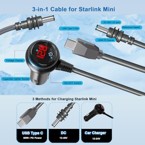 Ultimate Gem Coo Starlink Mini Cable – 3-in-1 Heavy Duty Car Charger with Real-Time Voltage Display, 10 FT DC Power Cable, and USB C to 12-24 V Cigarette Lighter Plug for Enhanced Device Compatibility and Fast Charging on the Go