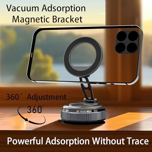 Vacuum Suction Magnetic Phone Holder, 360° Suction Cup Retractable Car Phone Mount Foladable for iPhone 16/15/14/13/12 for Windshield/Mirror/Shower//Ktichen/Smooth Surface – Enhanced Compatibility and Speed