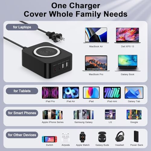 60 W Multi-Device Charging Station – Fast USB A & C Ports for i Phone 16, Samsung S25, Pixel 9 Pro – 15 W Wireless Charging Hub for Efficient Powering of Gadgets – Compact & Portable Tech Accessory for Busy Professionals