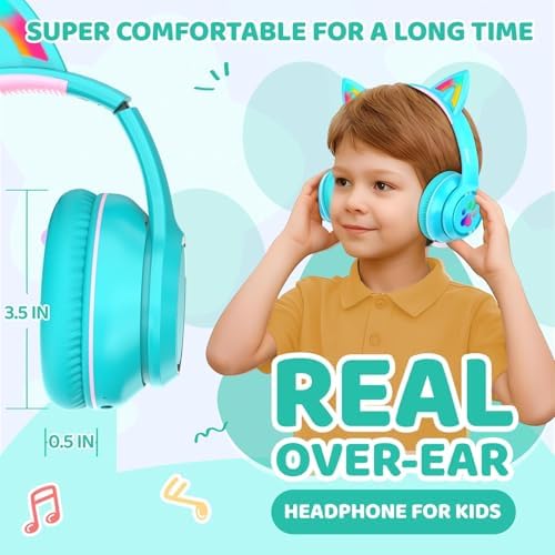 MIDOLA Cat Ear Bluetooth 5.3 Wireless Headphones for Kids – 60-Hour Playtime, Fun LED Illumination, Travel-Friendly Foldable Design with Integrated Microphone – Ideal for Music, Gaming, and Movies on the Move in Stylish Blue