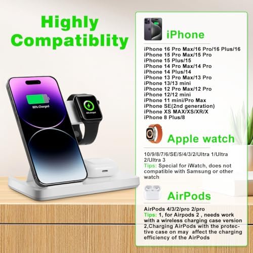 3-in-1 Fast Wireless Charging Station for i Phone 8-16, Apple Watch Series 2-10/Ultra/SE & Air Pods Pro – Sleek Multi-Device Charger for Home and Office, Tangle-Free Power Solution with Enhanced Safety Features