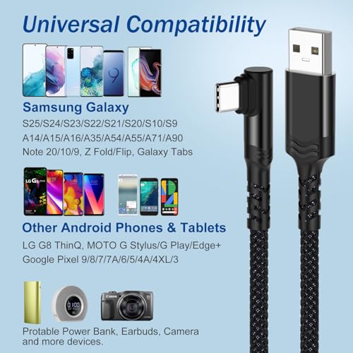 10 ft Right Angle USB C Cable 5-Pack – Fast Charging Nylon Braided Charger for Samsung Galaxy S25, S24, S23, A16, A15 & Google Pixel 9, 8 – Superior Durability and Comfort for Gaming and Daily Use – Enhanced Compatibility for All Type C Devices