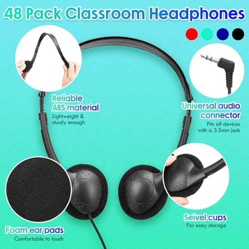 Ultimate Classroom Audio Solution: Frienda 48-Pack Over-Ear Headphones for Students and Adults – Wired Stereo Headset with Universal 3.5 mm Jack – Perfect for Schools, Libraries, and Travel – Noise-Isolating Design for Maximum Concentration and Comfort – Lightweight, Durable, Ideal for Long Listening Sessions